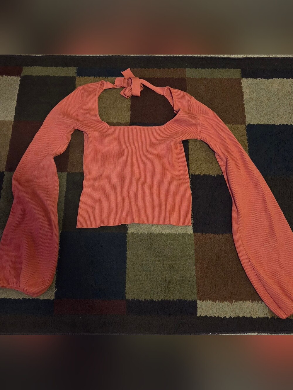 Lulu's Coral Ribbed Long-Sleeve Tie-Back Crop Top